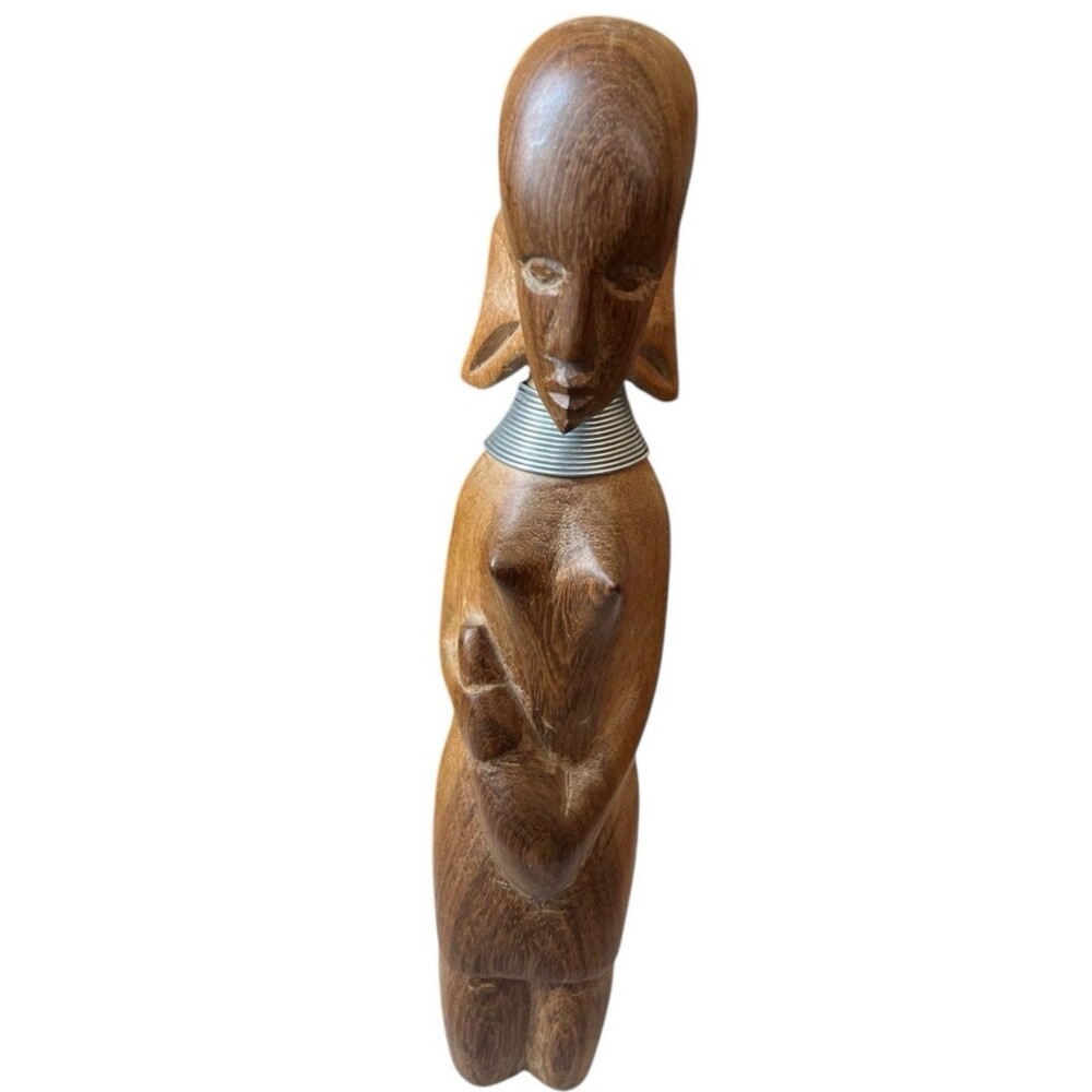 African Hand Carved Kneeling Woman Wood Folk Art Coiled Necklace 7"